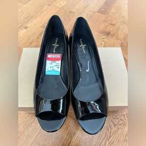 NIB NWT Cole Haan Black Patent Leather Margot Open Toe Wedge Heel Size 9.5
